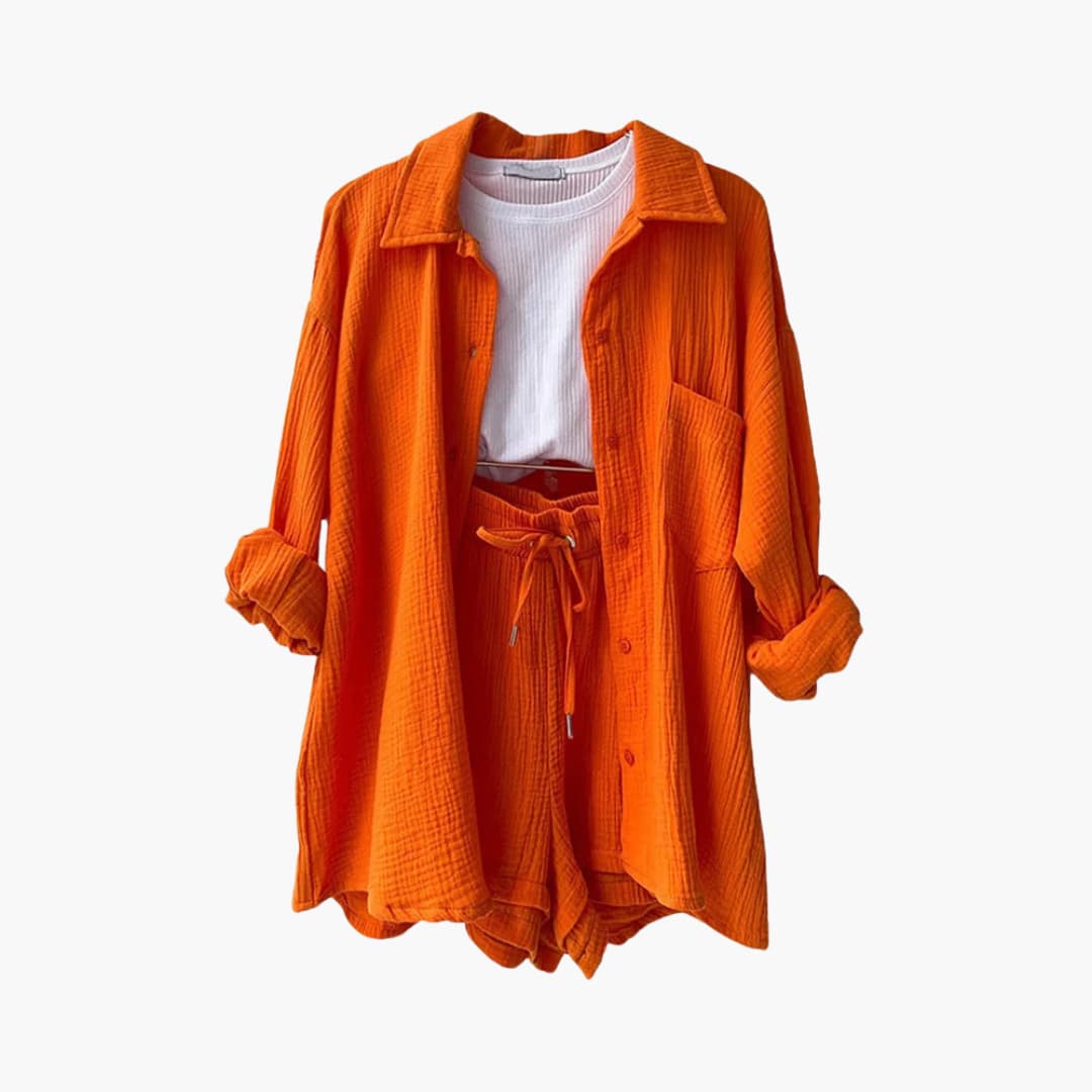 Effortless Textured Cotton Two Piece Set for Women with Collared Long Sleeve Button Front Drawstring Shorts Relaxed Style