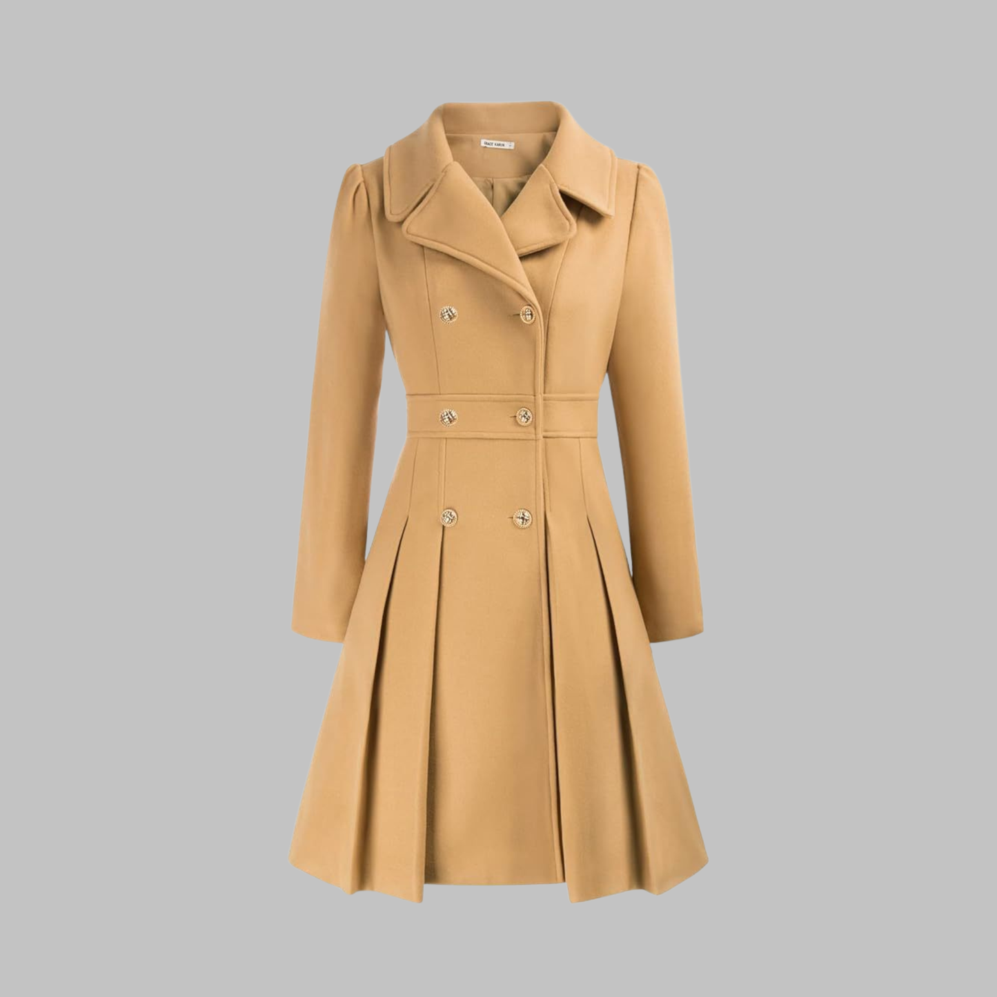 Elegant Wool Coat for Women with Notched Lapel Long Sleeve Double Breasted Pleated Flare Style