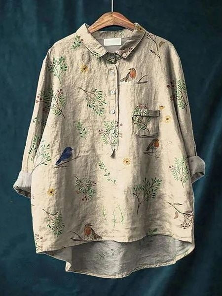 Effortless Floral Print Blouse for Women with Collar Long Sleeve Button Front Relaxed Curved Hem Style