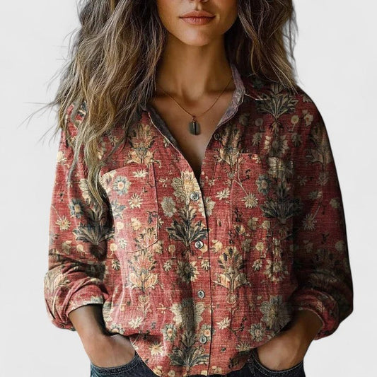 Effortless Floral Print Blouse for Women with Collar Long Sleeve Button Front Relaxed Boho Style