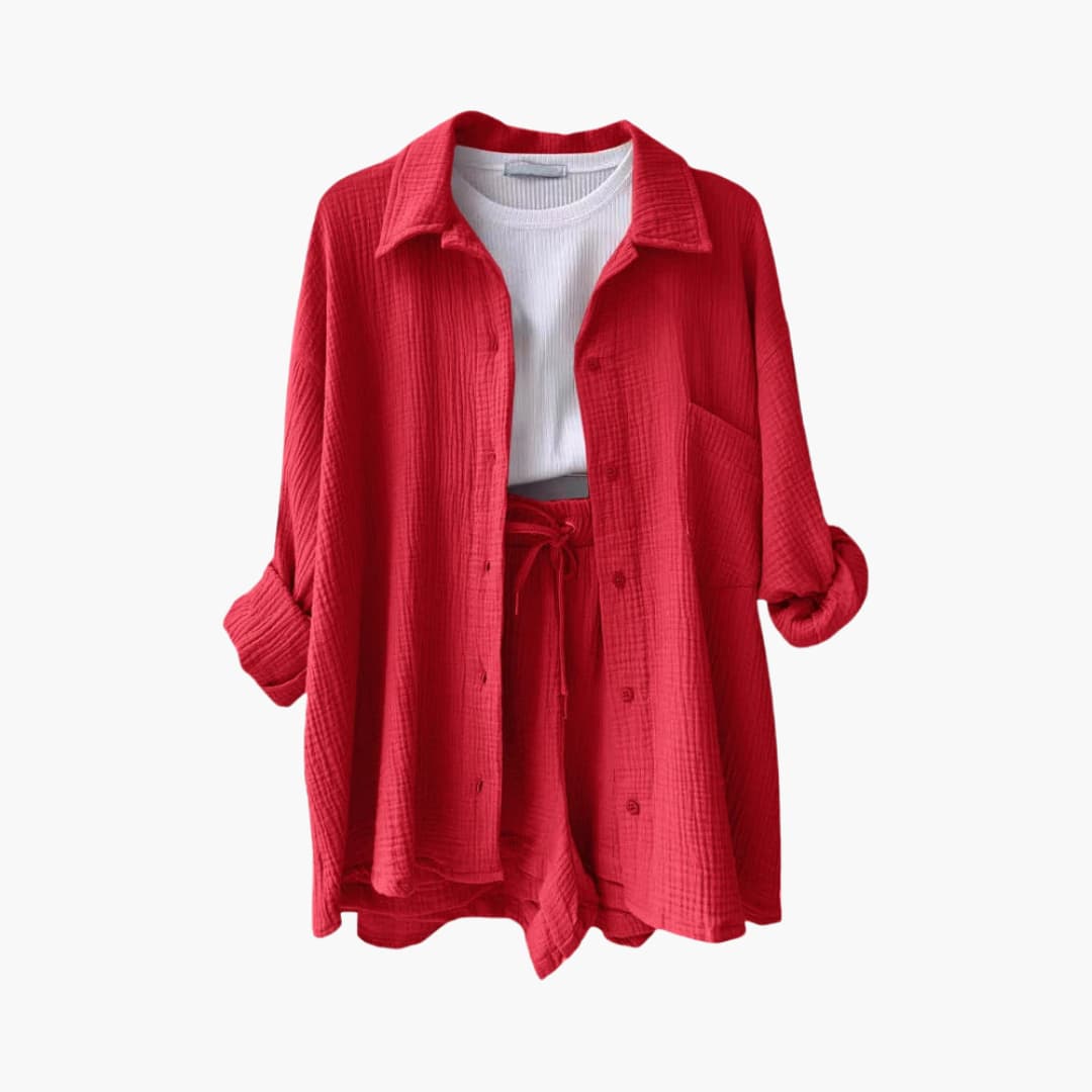 Effortless Textured Cotton Two Piece Set for Women with Collared Long Sleeve Button Front Drawstring Shorts Relaxed Style