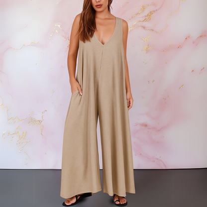 Effortless Wide Leg Jumpsuit for Women with V Neck Sleeveless Relaxed Pocket Casual Style