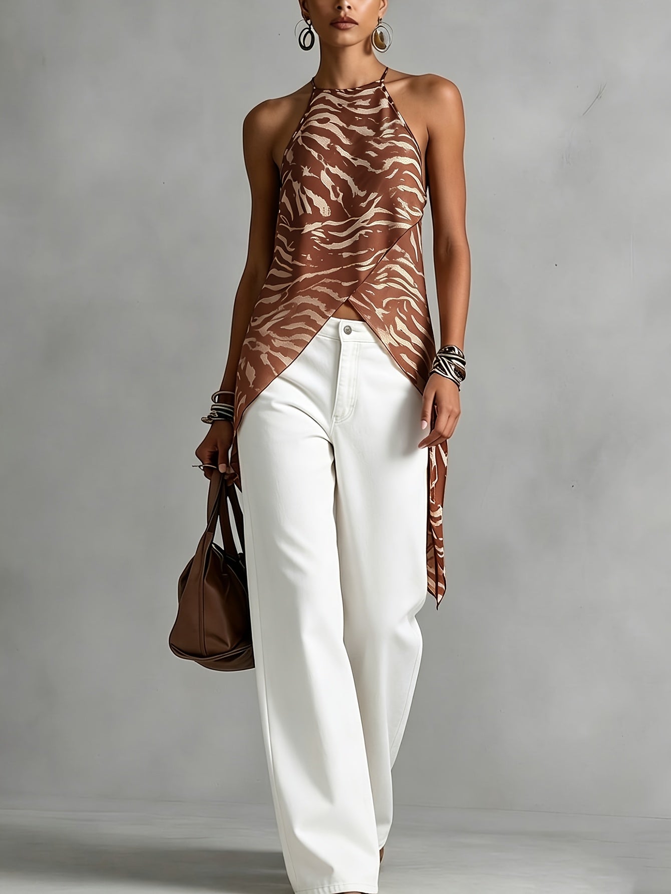 Elegant Brown Zebra Print Halter Top for Women with High Neck Sleeveless Wrap Asymmetrical Style