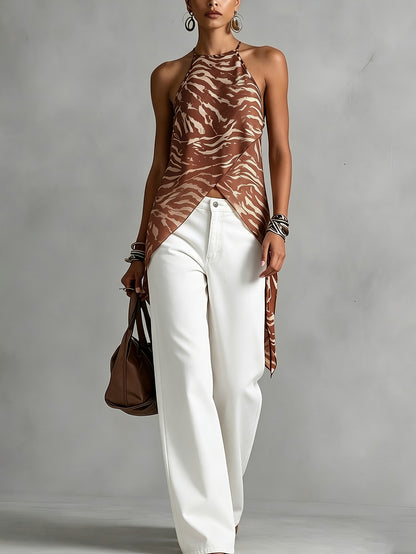 Elegant Brown Zebra Print Halter Top for Women with High Neck Sleeveless Wrap Asymmetrical Style