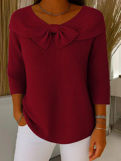 Elegant Bow Detail Sweater for Women with V Neck Elbow Sleeve Ribbed Knit Relaxed Style