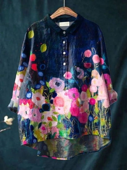 Effortless Floral Print Blouse for Women with Collar Long Sleeve Button Front Relaxed Curved Hem Style