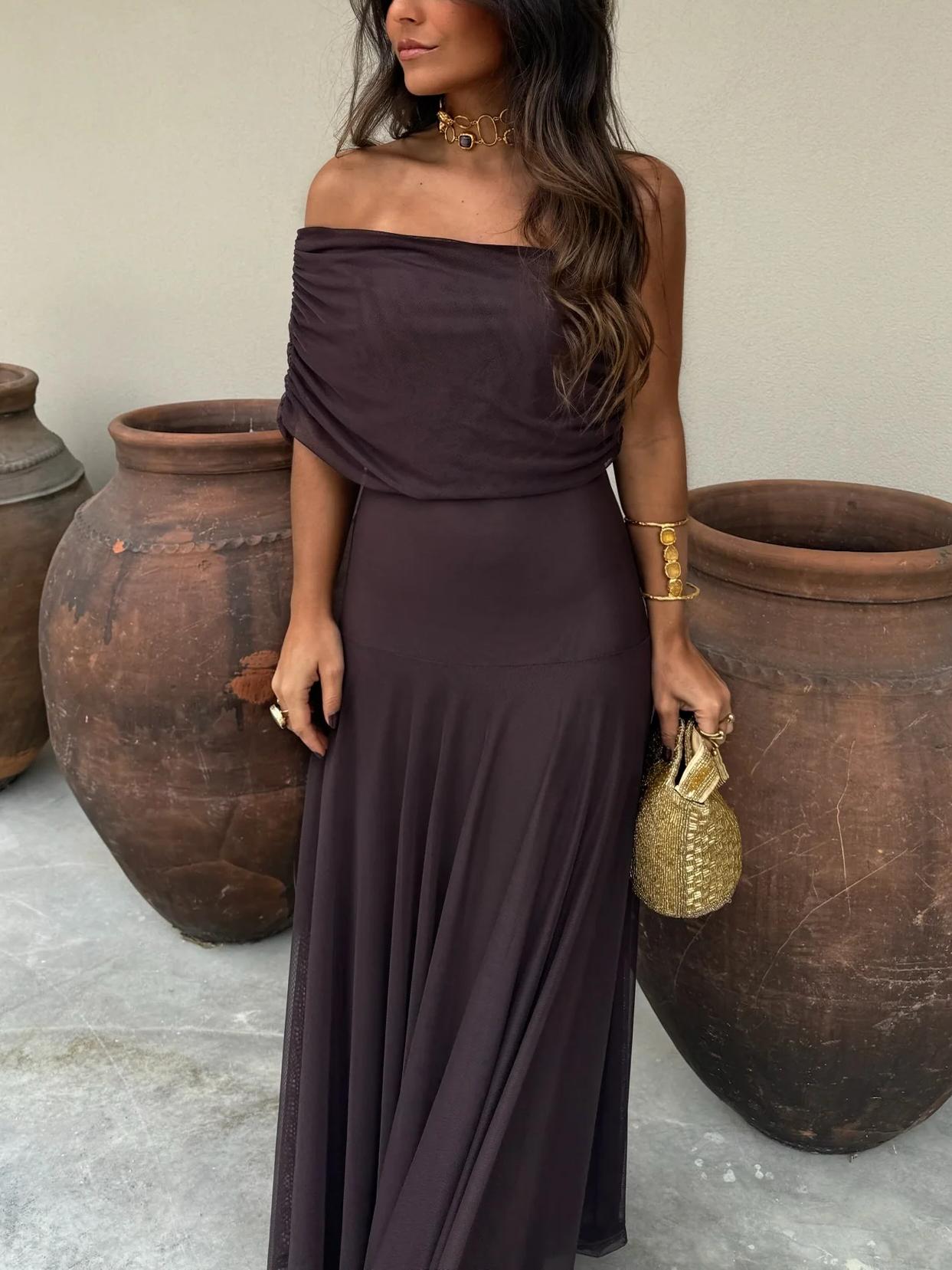 Elegant Mesh Maxi Dress for Women with Off Shoulder Ruched Bodice Flowing Evening Style