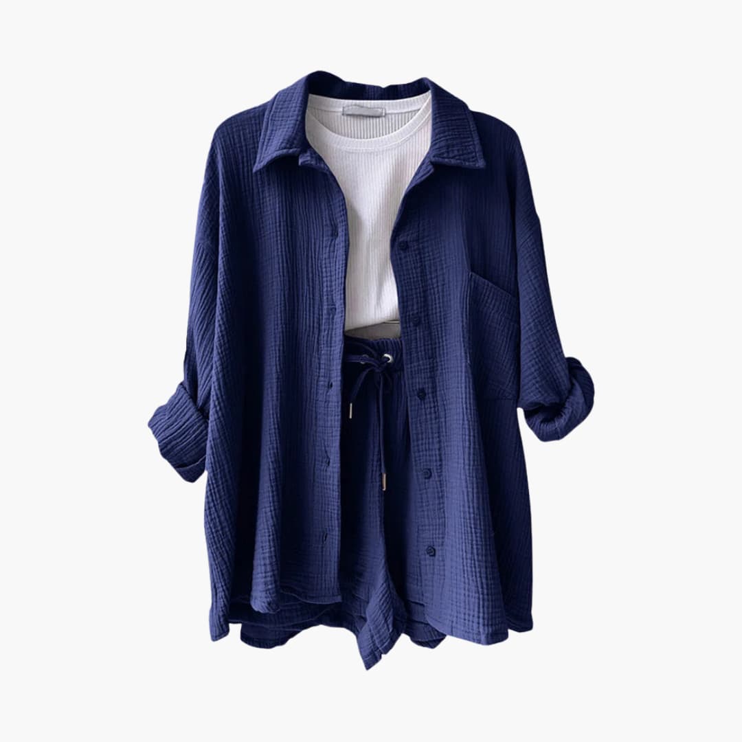 Effortless Textured Cotton Two Piece Set for Women with Collared Long Sleeve Button Front Drawstring Shorts Relaxed Style