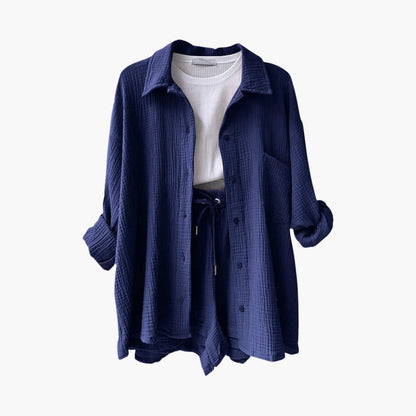 Effortless Textured Cotton Two Piece Set for Women with Collared Long Sleeve Button Front Drawstring Shorts Relaxed Style
