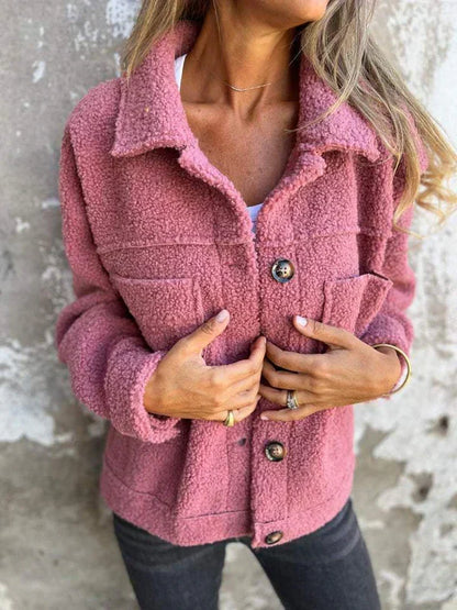 Comfortable Sherpa Fleece Jacket for Women with Collared Long Sleeve Button Front Relaxed Casual Style
