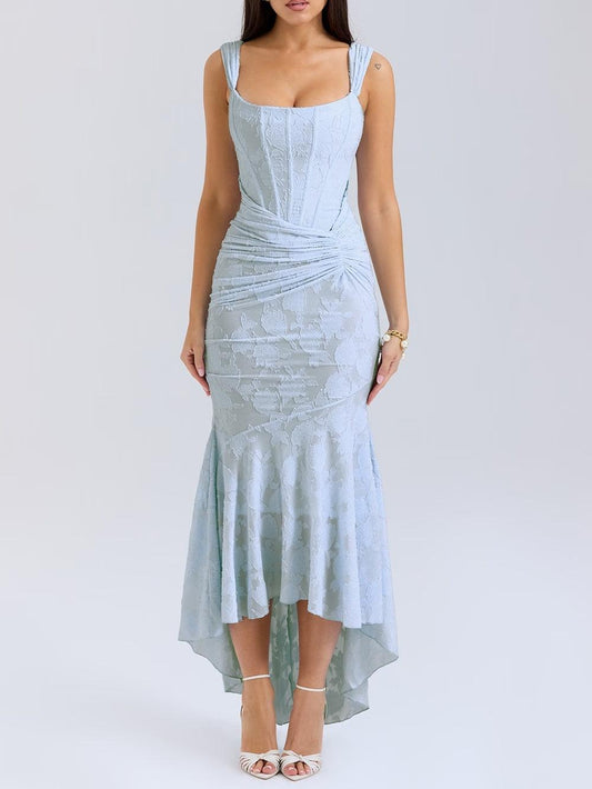 Elegant Lace Maxi Dress for Women with Square Neck Sleeveless Corset Mermaid High Low Style