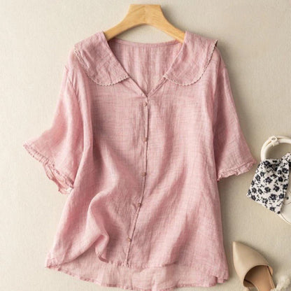 Effortless Linen Blouse for Women with Peter Pan Collar Short Sleeve Button Front Relaxed Style
