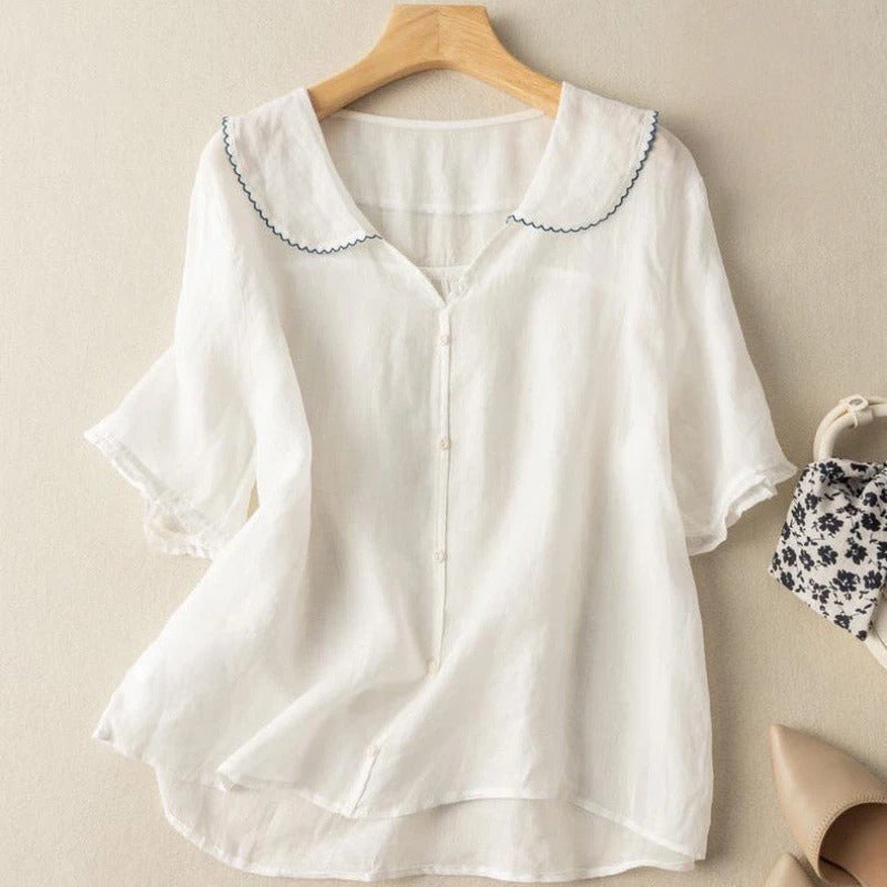 Effortless Linen Blouse for Women with Peter Pan Collar Short Sleeve Button Front Relaxed Style