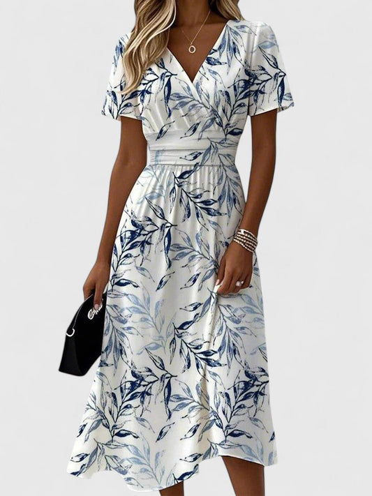 Elegant White Floral Midi Dress for Women with V Neck Flutter Sleeve Wrap Flowing Style