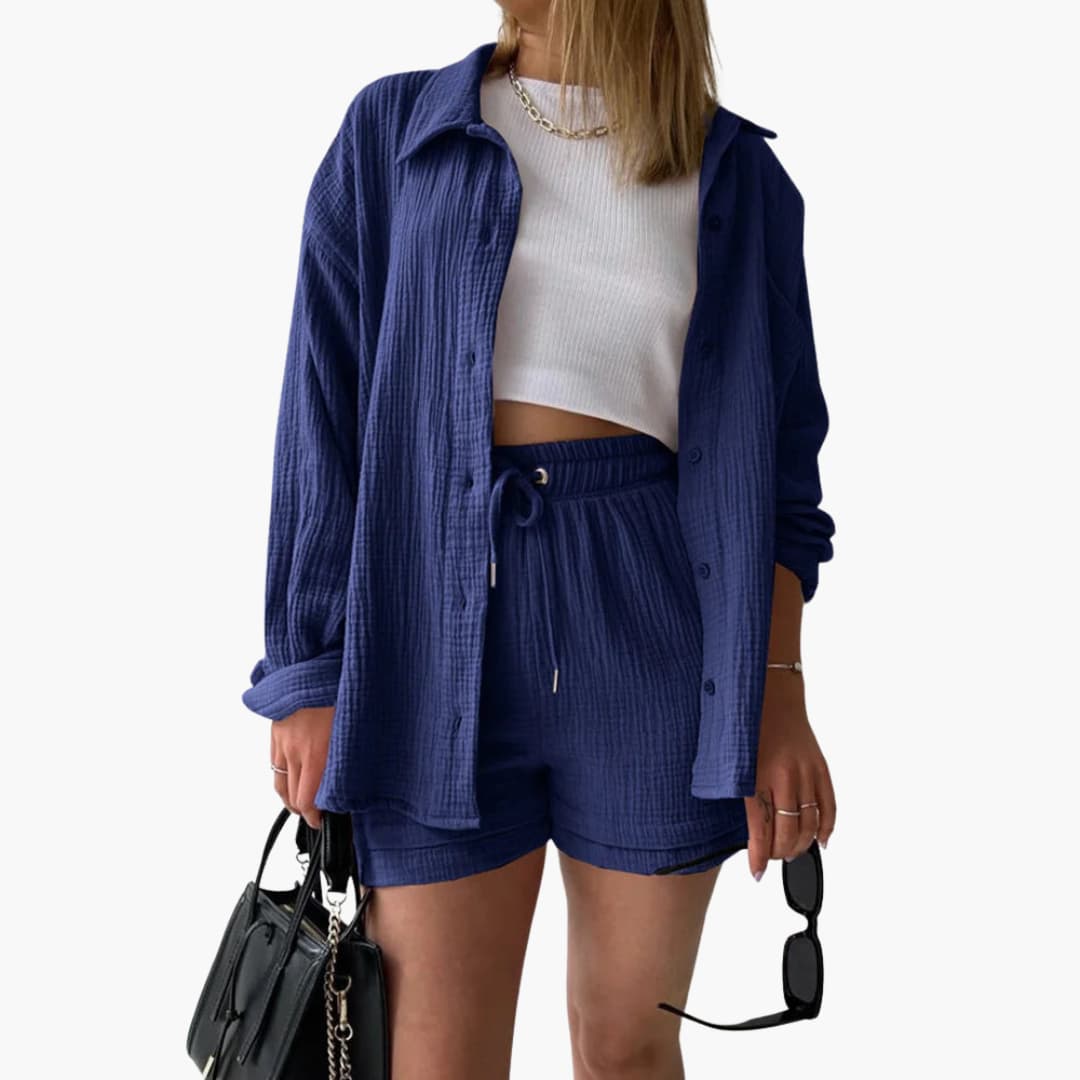 Effortless Textured Cotton Two Piece Set for Women with Collared Long Sleeve Button Front Drawstring Shorts Relaxed Style