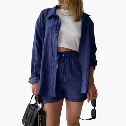 Effortless Textured Cotton Two Piece Set for Women with Collared Long Sleeve Button Front Drawstring Shorts Relaxed Style