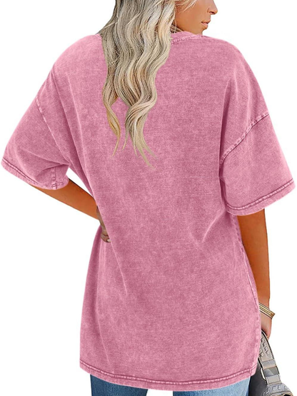 Comfortable Washed Tunic Top for Women with Crew Neck Half Sleeve Oversized Relaxed Casual Style