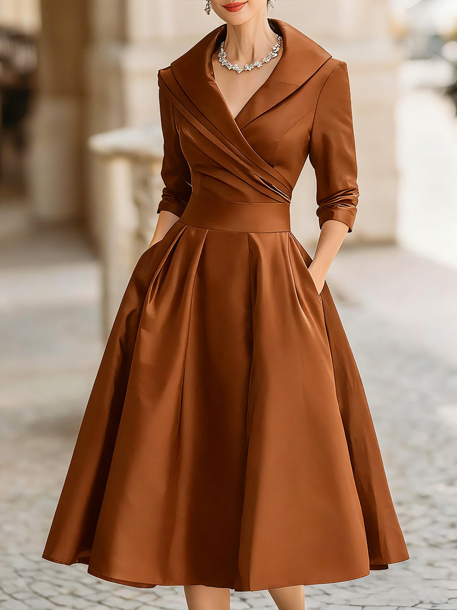 Elegant Satin Midi Dress for Women with Shawl Collar V Neck Elbow Sleeve Pleated Fit and Flare Style