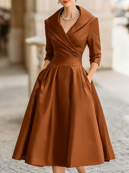 Elegant Satin Midi Dress for Women with Shawl Collar V Neck Elbow Sleeve Pleated Fit and Flare Style