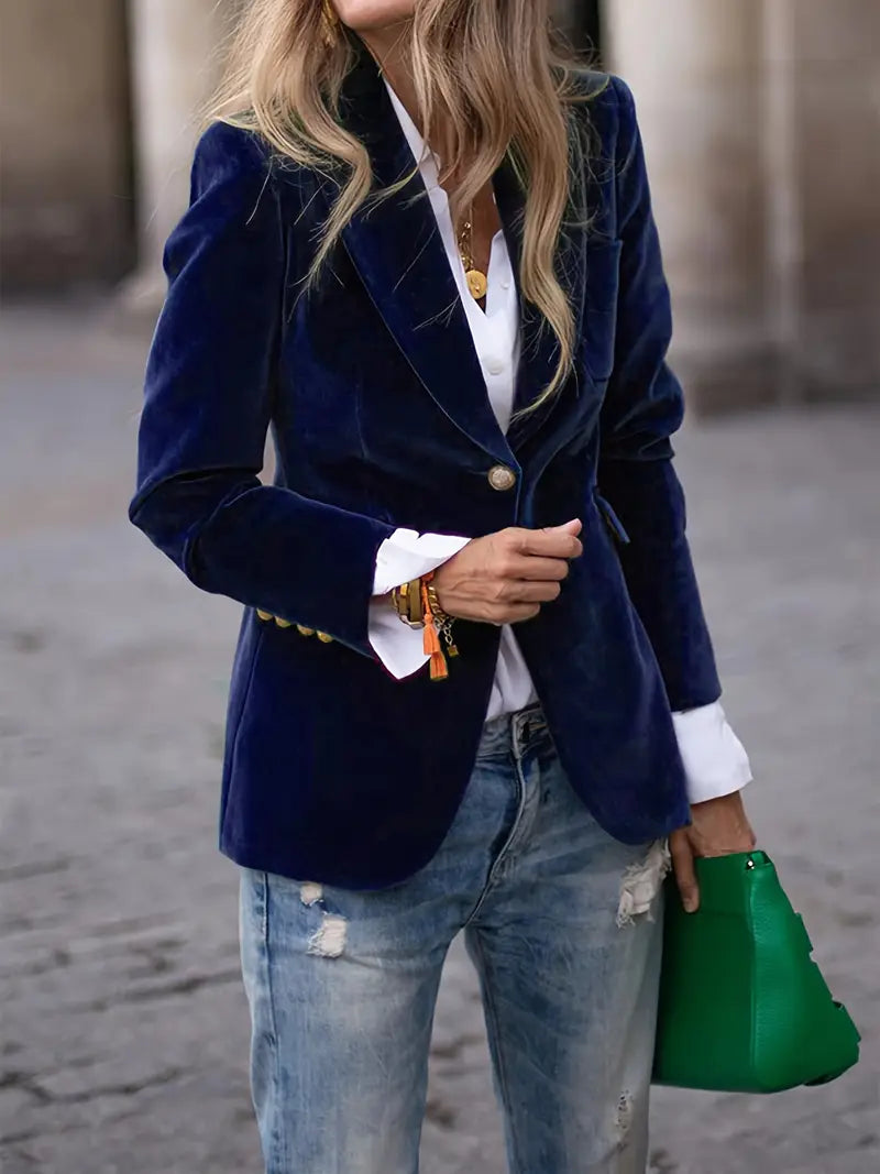 Elegant Velvet Blazer for Women with Notch Lapel Long Sleeve Single Button Tailored Style