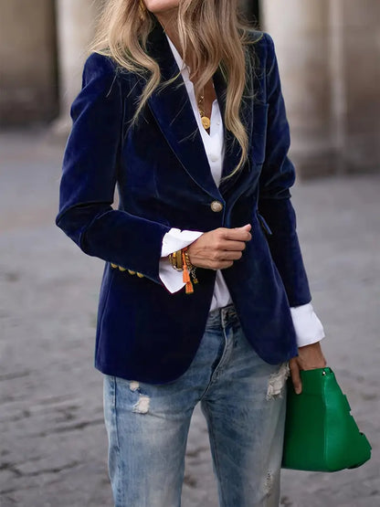 Elegant Velvet Blazer for Women with Notch Lapel Long Sleeve Single Button Tailored Style