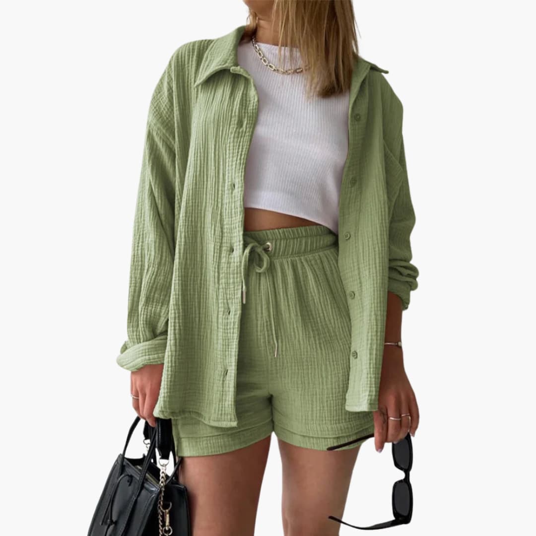 Effortless Textured Cotton Two Piece Set for Women with Collared Long Sleeve Button Front Drawstring Shorts Relaxed Style