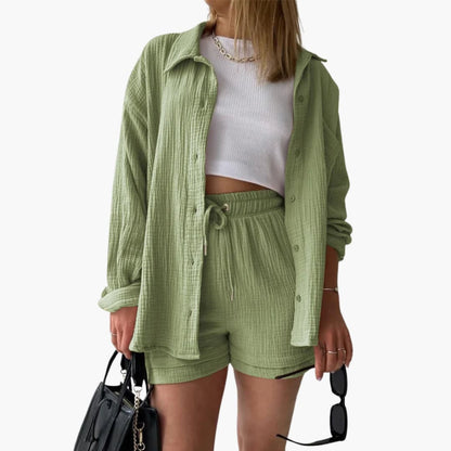 Effortless Textured Cotton Two Piece Set for Women with Collared Long Sleeve Button Front Drawstring Shorts Relaxed Style