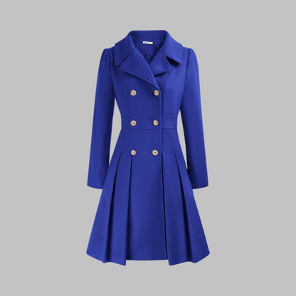 Elegant Wool Coat for Women with Notched Lapel Long Sleeve Double Breasted Pleated Flare Style