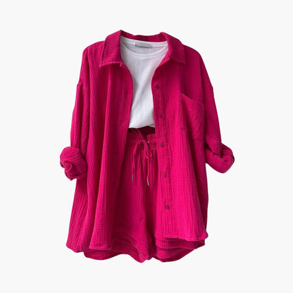 Effortless Textured Cotton Two Piece Set for Women with Collared Long Sleeve Button Front Drawstring Shorts Relaxed Style