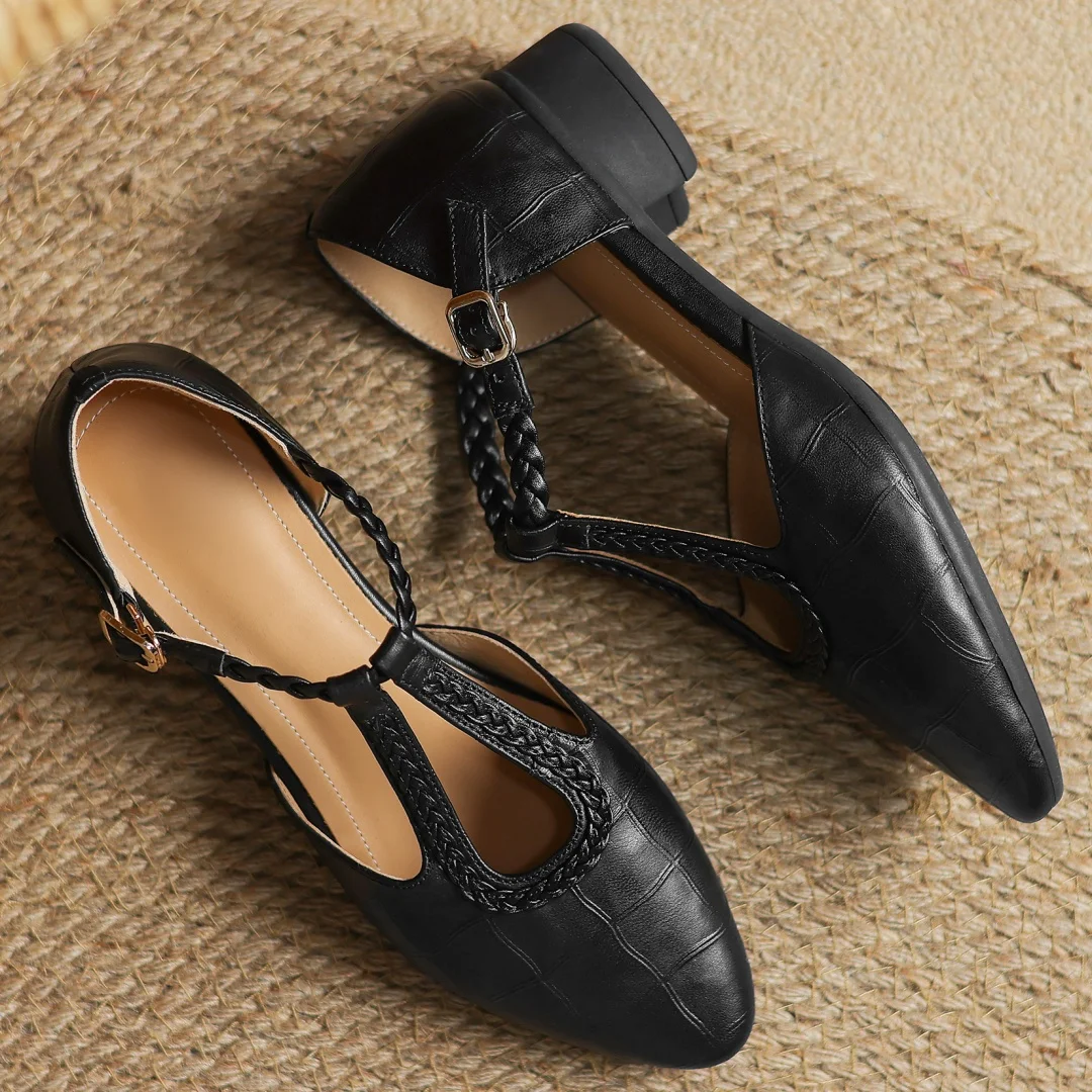 Elegant Croc Embossed T-Strap Flats for Women with Pointed Toe Braided Strap Buckle Closure Style
