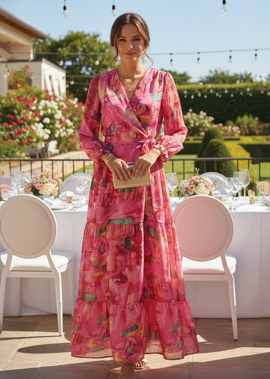Elegant Pink Floral Maxi Dress for Women with V Neck Long Sleeve Wrap Tiered Formal Wedding Guest Style