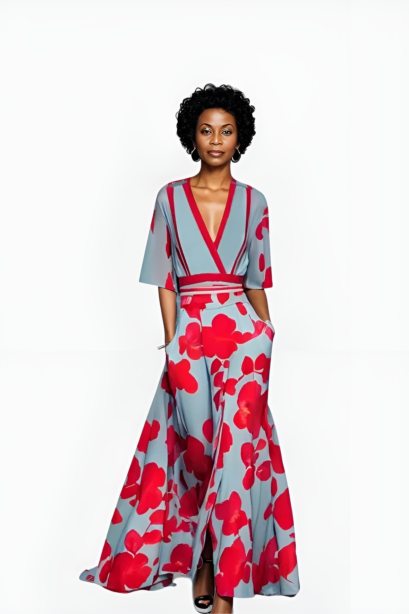 Elegant Blue Floral Maxi Dress for Women with V Neck Elbow Sleeve Wrap Belted Flowing Style