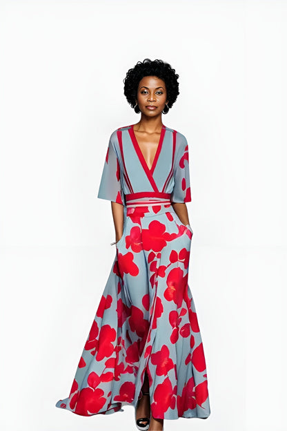 Elegant Blue Floral Maxi Dress for Women with V Neck Elbow Sleeve Wrap Belted Flowing Style