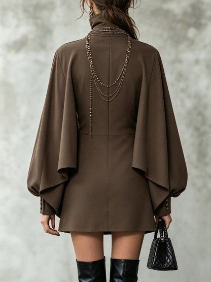 Elegant Chocolate Mini Dress for Women with High Neck Button Front Cape Sleeve Flowing Style
