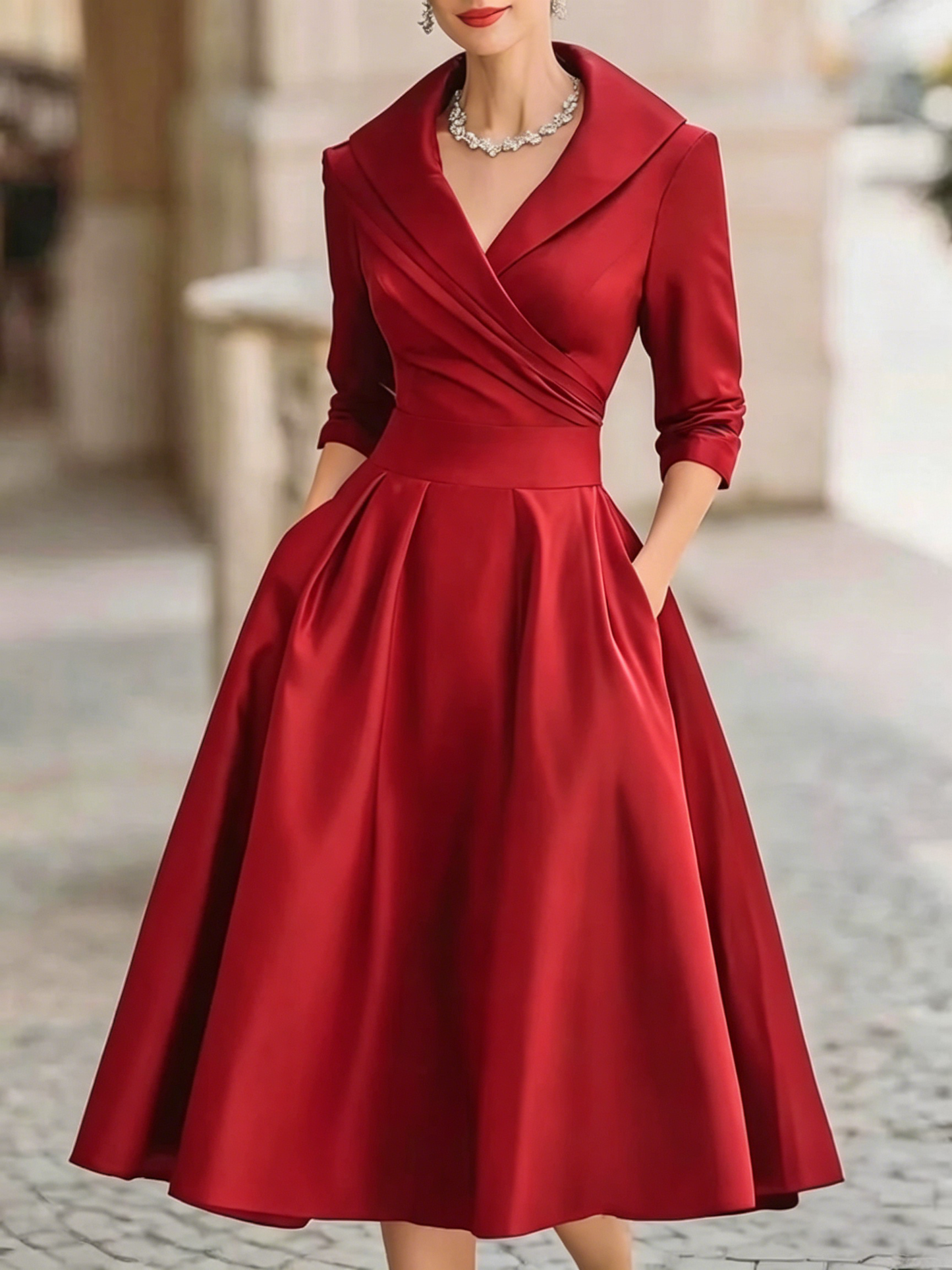 Elegant Satin Midi Dress for Women with Shawl Collar V Neck Elbow Sleeve Pleated Fit and Flare Style