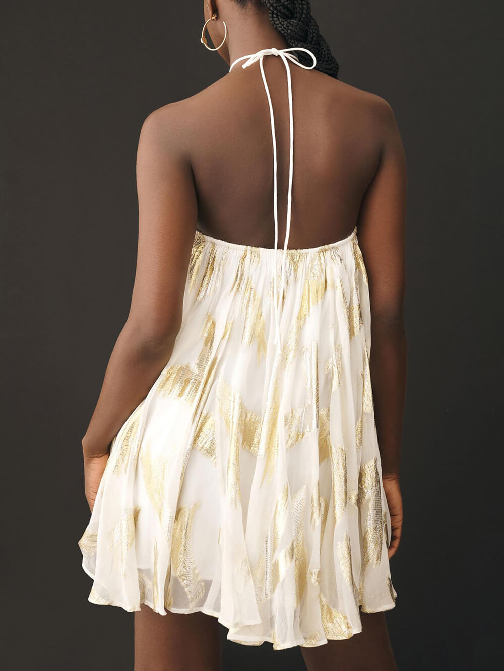 Elegant White Gold Foil Print Mini Dress for Women with Halter Neck Sleeveless Flowing Trapeze Style