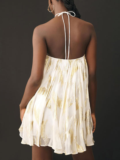 Elegant White Gold Foil Print Mini Dress for Women with Halter Neck Sleeveless Flowing Trapeze Style