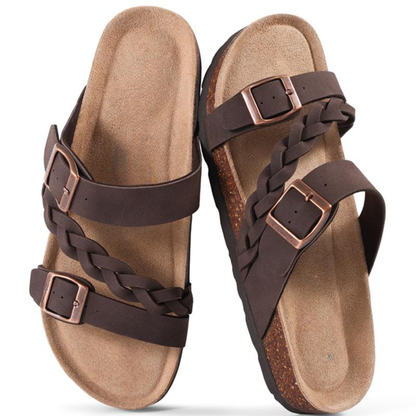 Effortless Braided Buckle Slide Sandal for Women with Cork Footbed Double Strap Casual Style