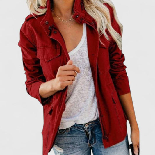 Effortless Utility Jacket for Women with Stand Collar Long Sleeve Snap Button Flap Pocket Casual Style