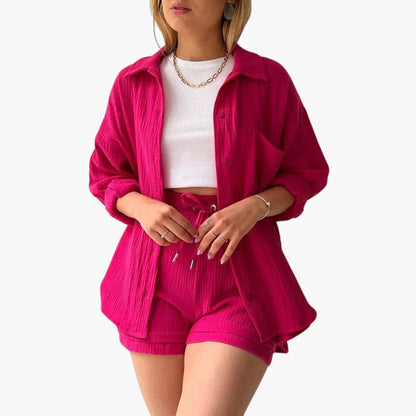 Effortless Textured Cotton Two Piece Set for Women with Collared Long Sleeve Button Front Drawstring Shorts Relaxed Style