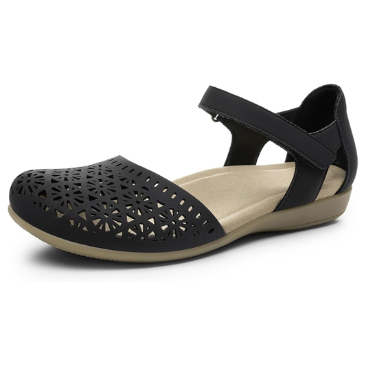 Comfortable Closed Toe Sandals for Women with Laser Cut Ankle Strap Cushioned Flat Style