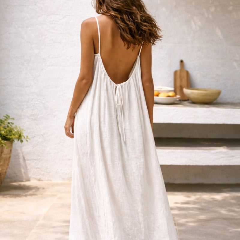 Effortless Linen Maxi Dress for Women with Scoop Neck Spaghetti Strap Flowing A Line Bohemian Style
