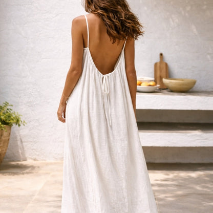 Effortless Linen Maxi Dress for Women with Scoop Neck Spaghetti Strap Flowing A Line Bohemian Style