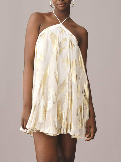 Elegant White Gold Foil Print Mini Dress for Women with Halter Neck Sleeveless Flowing Trapeze Style