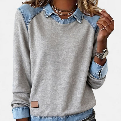 Effortless Denim Trim Sweatshirt for Women with Point Collar Long Sleeve Colorblock Casual Style