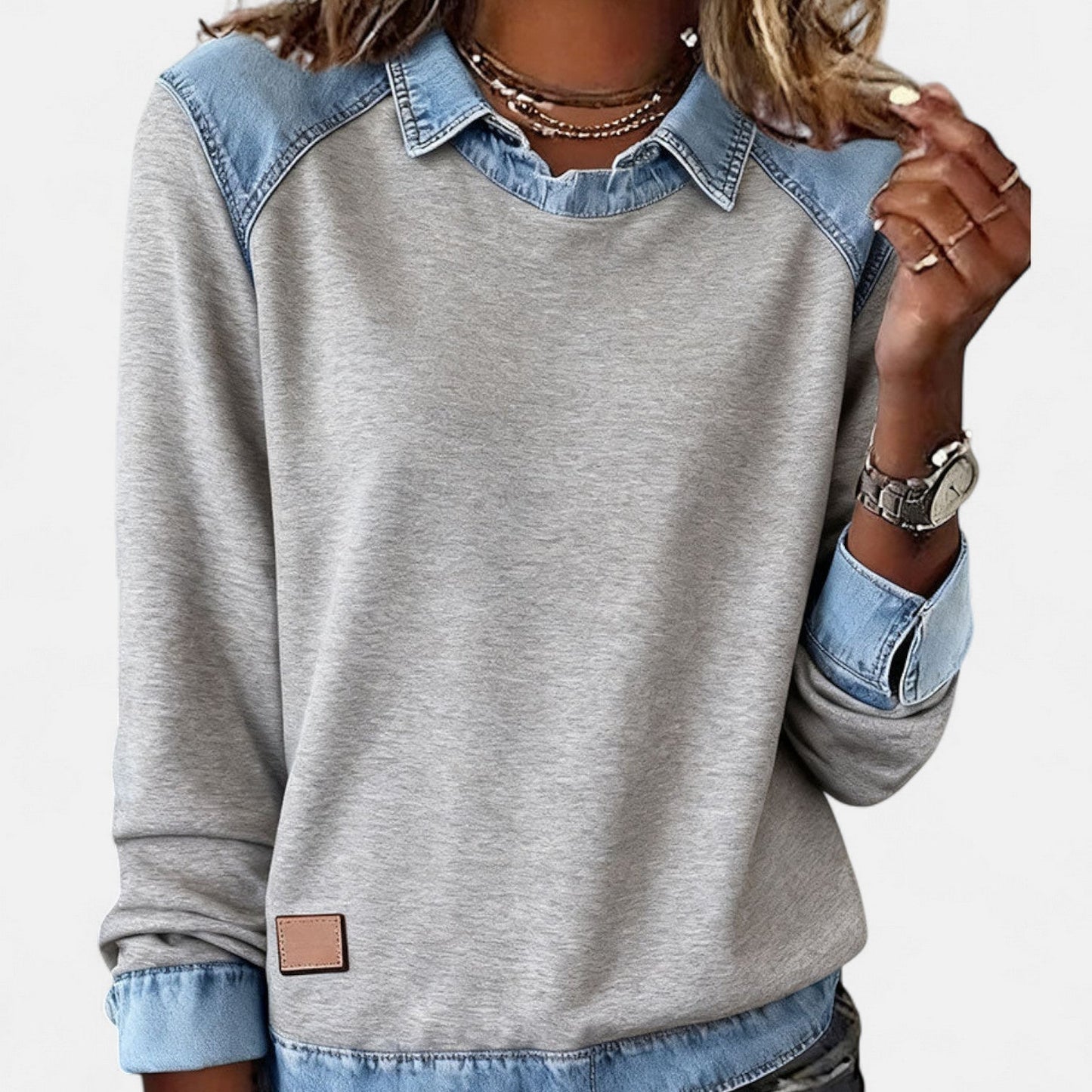 Effortless Denim Trim Sweatshirt for Women with Collar Long Sleeve Raglan Colorblock Casual Style