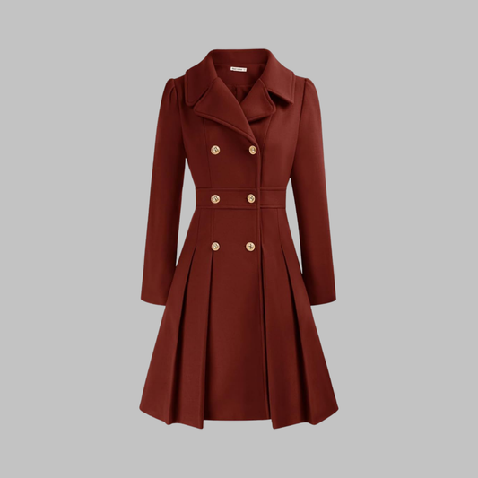 Elegant Wool Coat for Women with Notched Lapel Long Sleeve Double Breasted Pleated Flare Style