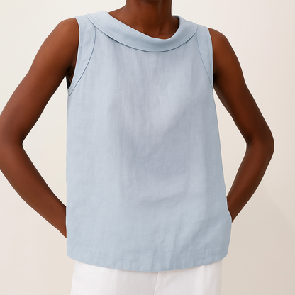 Effortless Linen Blouse for Women with Foldover Collar Sleeveless Keyhole Back Relaxed Style