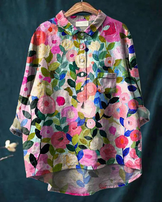 Effortless Floral Print Blouse for Women with Collar Long Sleeve Button Front Relaxed Curved Hem Style