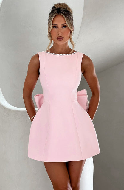 Elegant Pearl Embellished Mini Dress for Women with Boat Neck Sleeveless Bow Back Fit And Flare Cocktail Style